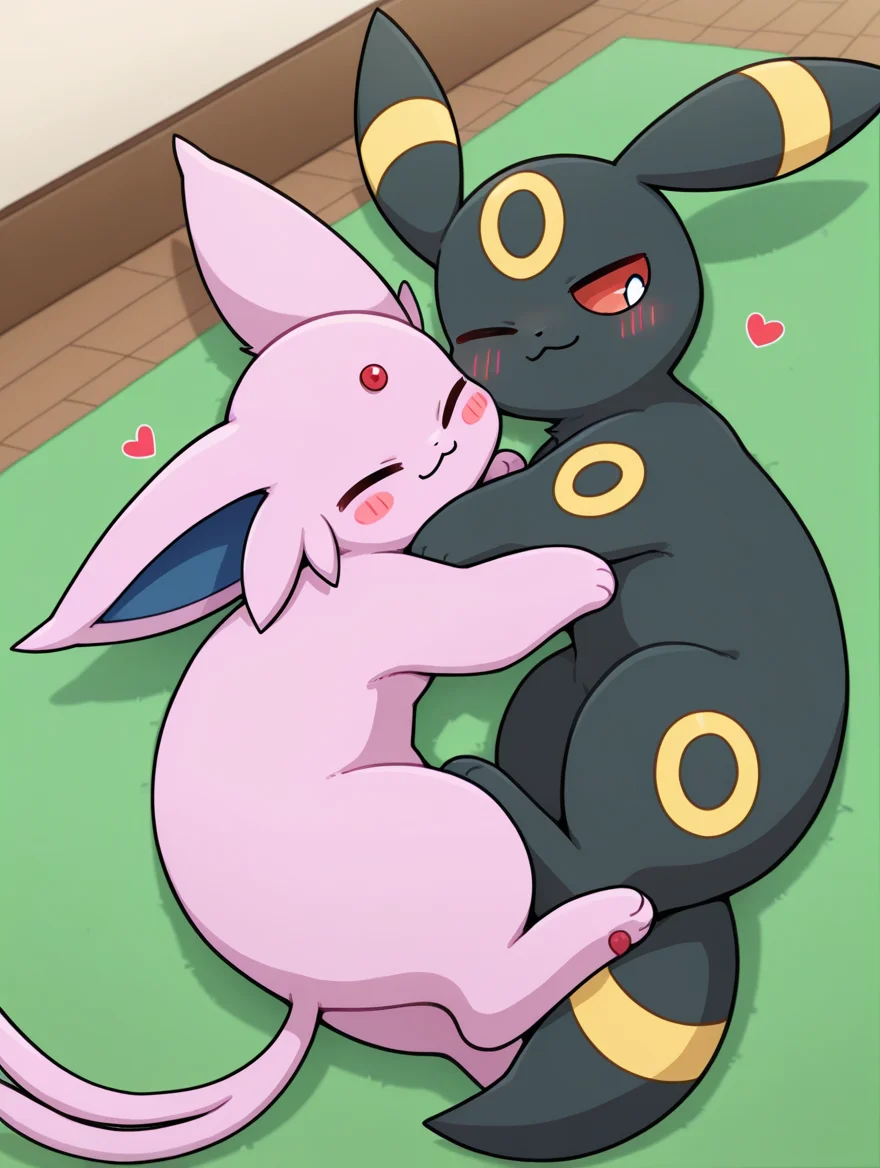 embedding:Smooth Quality,
by horang, pokemon (creature), feral, feral, full body, blush,
two pokemon, Umbreon, Espeon, cuddling, closed eyes, one eye closed, blush stickers, closed mouth, :3, heart,
BREAK,
masterpiece, best quality, amazing quality, absurdres,
indoors, wooden floors, green carpet,