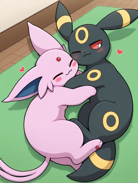 embedding:Smooth Quality,
by horang, pokemon (creature), feral, feral, full body, blush,
two pokemon, Umbreon, Espeon, cuddling, closed eyes, one eye closed, blush stickers, closed mouth, :3, heart,
BREAK,
masterpiece, best quality, amazing quality, absurdres,
indoors, wooden floors, green carpet,