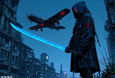masterwork, masterpiece, amazing quality, best quality, detailed, depth of field, high detail, very aesthetic, 8k, high resolution, photorealistic, realistic skin, realistic anatomy, good anatomy, trending on artstation,
matte digital painting, line art,ink art, meticulous shading, 3d shading,
deep colour, high contrast, hyperdetailed, sharp edges, precise, clear focus, detailed face, face focus, sideview, wide shot, looking at viewer,
dynamic image of a woman, solo, soldier, enigmatic, (glowing red eyes), wearing a matte black modular suit of armor, molded armour, whole body protection, heavy boots, holding an elegant katana, (blue glowing blade:1.5), good grip, good hands, blade up, ready to fight, standing tall. Deep hood, black face mask, pale skin, fighting in the streets of a futuristic city, gritty, warfare,
background war-torn futuristic urban landscape, fighter planes overhead, firing missiles, night sky, dramatic lighting, dynamic angle, whole body, face focus, high contrast, deep shadows, distant fires, smoky sky, matte painting,
emwv2-illu