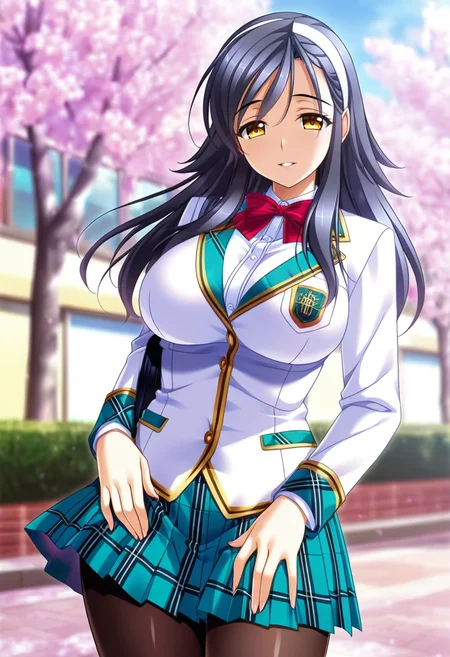 masterpiece, best quality, amazing quality,kazuha kusunoki, yellow eyes, black hair, long hair, 1girl, solo,pantyhose, school uniform,breasts, pleated skirt, large breasts,white blazer, white shirt, green skirt,plaid skirt, hairband, red bow, parted lips, light smile, standing, looking at viewer, cowboy shot, blurry background, outdoors, school, cherry blossoms <lora:kazuha kusunokiV1:0.8>