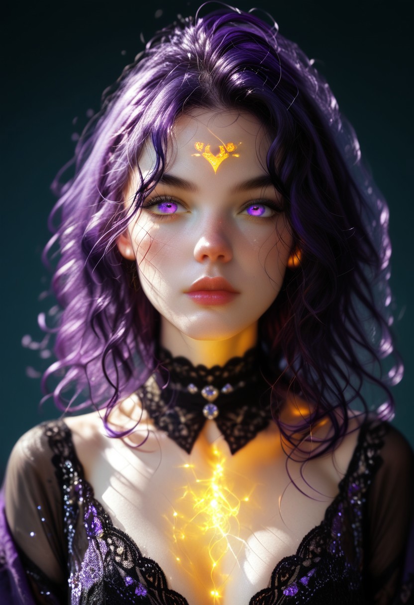 score_9, score_8_up, score_7_up, super quality, high definition, super detailed, super realistic, 1girl, ravenDC, very elegant Goth woman, 25 years old, beautiful face, perfect face, glowing purple eyes, glowing body, expressive perfect purple eyes, (medium luscious wavy hair:1.17), dark purple hair, pale skin, athletic woman, hourglass figure, (black leotard), full sleeves, forehead jewel, belt, blushing, skin tight leotard, dark purple shawl, toned flat stomach, 
Expressiveh, ravenDC, d3t41l3d, perfecteyes, thermo, glowing, glow, Thermography