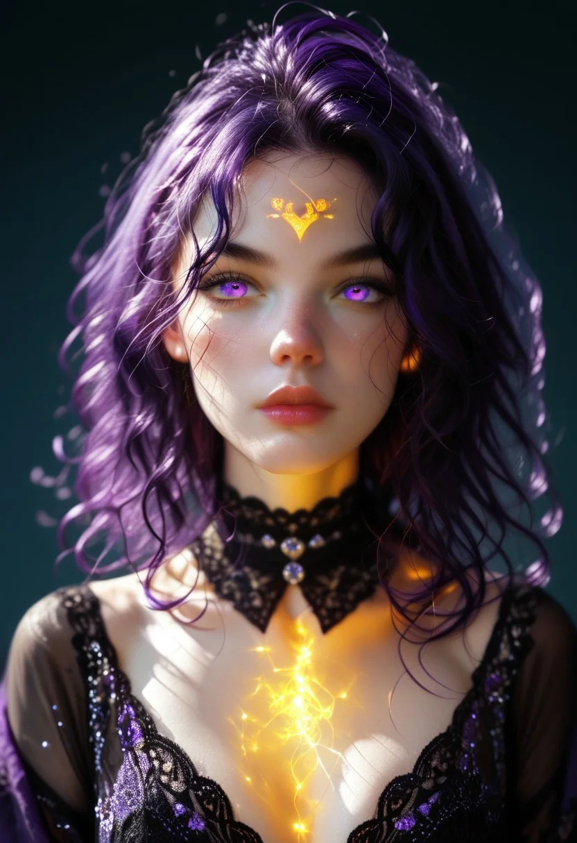score_9, score_8_up, score_7_up, super quality, high definition, super detailed, super realistic, 1girl, ravenDC, very elegant Goth woman, 25 years old, beautiful face, perfect face, glowing purple eyes, glowing body, expressive perfect purple eyes, (medium luscious wavy hair:1.17), dark purple hair, pale skin, athletic woman, hourglass figure, (black leotard), full sleeves, forehead jewel, belt, blushing, skin tight leotard, dark purple shawl, toned flat stomach, 
Expressiveh, ravenDC, d3t41l3d, perfecteyes, thermo, glowing, glow, Thermography