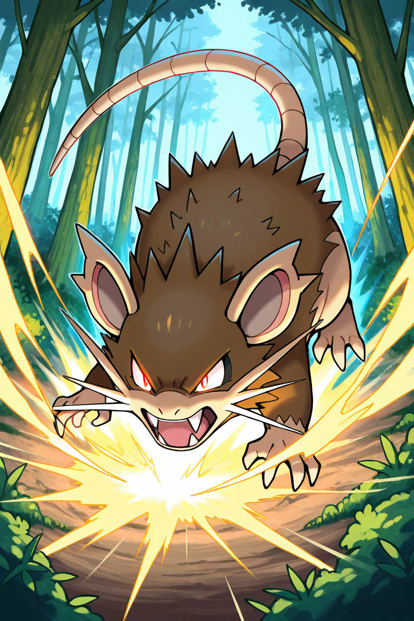 masterpiece, best quality,  zzRaticate, pokemon (creature), no humans, fangs, animal focus, teeth,  <lora:RaticatePokedexIXL:0.8>,   charging through a dense forest, glowing eyes, tail raised, dynamic action pose, intense and determined expression, vibrant and dramatic atmosphere