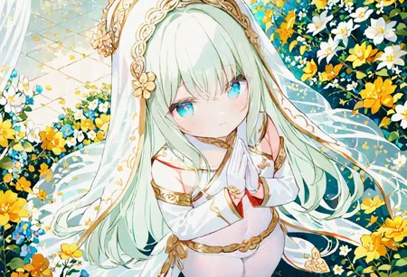Best quality, masterpiece, fantasy flower garden, view from above, one petit priestess girl with flat chest, shining hands bound in prayer, standing upright, detailed light green long loose hair, priestess' veil, cute smooth face, gentle smile, detailed light blue eyes, detailed make up, jewelry, pure white clothes, shawl, white turtleneck leotard with long sleeves and gloves, slim waist, slim belly, thick clavicle, micro skirt, thick hips, thick thighs, white tights, heels
