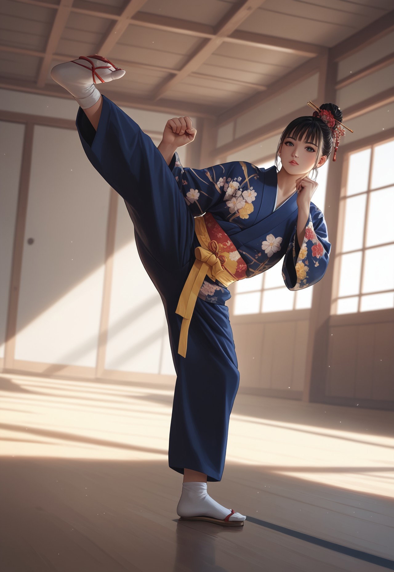 (((score_9, score_8_up, score_7_up))), ((( highly detailed, masterpiece, perfect, detailed, hd, )))
,
((( Higkic1mb, standing, standing on one leg, kicking )))
,
((( 1girl, solo, pretty, beautiful )))
,
((( Kimono )))
,
((( Indoors, dojo ))) 
,
((( Best view)))
,
(( ))
,
(((  )))
,
()