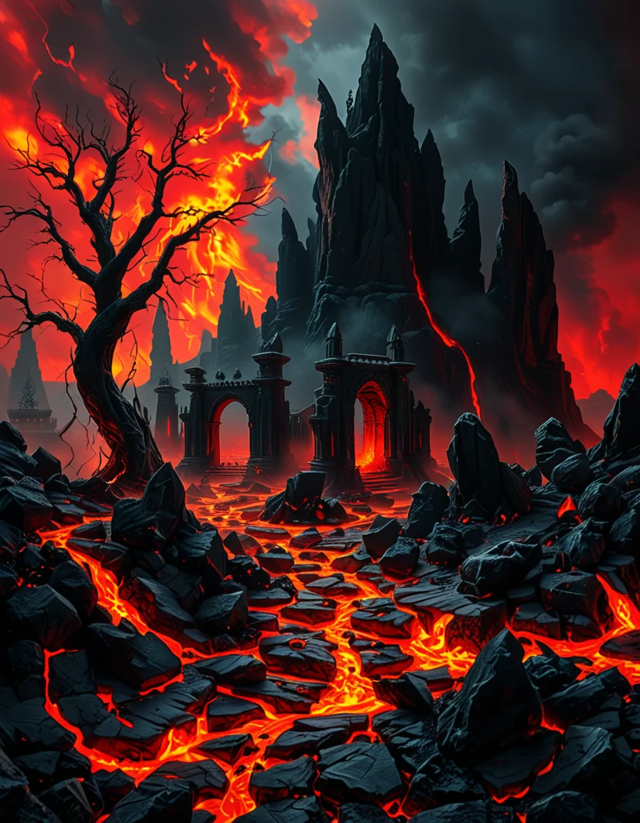 A terrifying and surreal depiction of the depths of Hell. The landscape is vast and nightmarish, filled with jagged obsidian cliffs, rivers of molten lava, and towering spires of blackened rock. The sky is a swirling vortex of crimson and black, illuminated by eerie, flickering flames. Chains dangle from massive, decaying arches, and tormented souls writhe in agony, their ghostly figures stretching toward the burning sky. Demonic creatures with twisted horns and glowing eyes lurk in the shadows, watching hungrily. The ground is cracked and scorched, exhaling thick plumes of sulfuric smoke. In the distance, a colossal, menacing throne made of skulls and bones looms over the infernal landscape, occupied by a shadowy, horned figure. The atmosphere is thick with despair, enhanced by a dramatic, chiaroscuro lighting effect that contrasts the deep shadows with the hellish glow of the flames. Hyper-realistic, highly detailed, dark fantasy style.
<lora:SDXLFaeTastic2400:0.4> <lora:extremely_detailed:0.4> extremely detailed,<lora:depths_of_h3ll:1>,depths of h3ll, Masterpiece,best quality,hi res,8k,hi res,8k,award winning,(sharp focus, intricate, highly detailed),