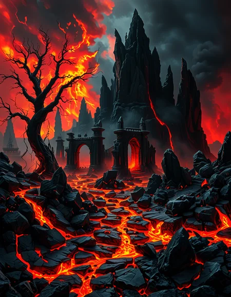 A terrifying and surreal depiction of the depths of Hell. The landscape is vast and nightmarish, filled with jagged obsidian cliffs, rivers of molten lava, and towering spires of blackened rock. The sky is a swirling vortex of crimson and black, illuminated by eerie, flickering flames. Chains dangle from massive, decaying arches, and tormented souls writhe in agony, their ghostly figures stretching toward the burning sky. Demonic creatures with twisted horns and glowing eyes lurk in the shadows, watching hungrily. The ground is cracked and scorched, exhaling thick plumes of sulfuric smoke. In the distance, a colossal, menacing throne made of skulls and bones looms over the infernal landscape, occupied by a shadowy, horned figure. The atmosphere is thick with despair, enhanced by a dramatic, chiaroscuro lighting effect that contrasts the deep shadows with the hellish glow of the flames. Hyper-realistic, highly detailed, dark fantasy style.
<lora:SDXLFaeTastic2400:0.4> <lora:extremely_detailed:0.4> extremely detailed,<lora:depths_of_h3ll:1>,depths of h3ll, Masterpiece,best quality,hi res,8k,hi res,8k,award winning,(sharp focus, intricate, highly detailed),