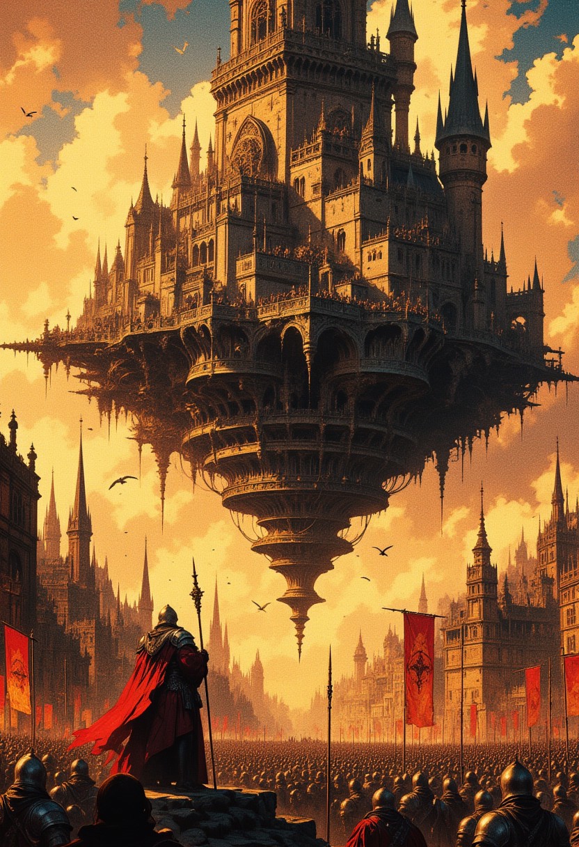 Image is a digital fantasy artwork depicting a dramatic scene with a large, floating, gothic-style castle suspended in the sky above a medieval city. The castle is intricately detailed with spires and arches, casting a shadow over the city below. The sky is painted in warm hues of orange and yellow, suggesting a sunset or sunrise. In the foreground, a large crowd of armored soldiers with spears and helmets is gathered, facing the castle. A prominent figure in red, possibly a leader or royalty, stands on a platform addressing the crowd. Flags with red and white designs are visible, adding to the sense of a medieval battle or rally. The overall atmosphere is tense and epic, with birds circling the floating structure, enhancing the sense of scale and wonder.