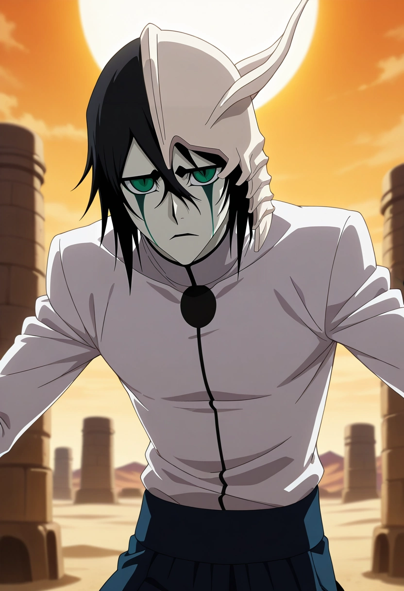 masterpiece, best quality, , anime screencap, , official style, , depth of field, 1boy, solo, male focus, <lora:ulquiorra_cifer_ilxl:1>, ulquiorra_cifer, black hair, green eyes, facial mark, hair between eyes, , desert palace, sand towers, sun courts, wind gardens, noble pose, regal expression, golden hour, RustRed Zigzag Board pants, Eyelet Terracotta Thermal shirt, , ,