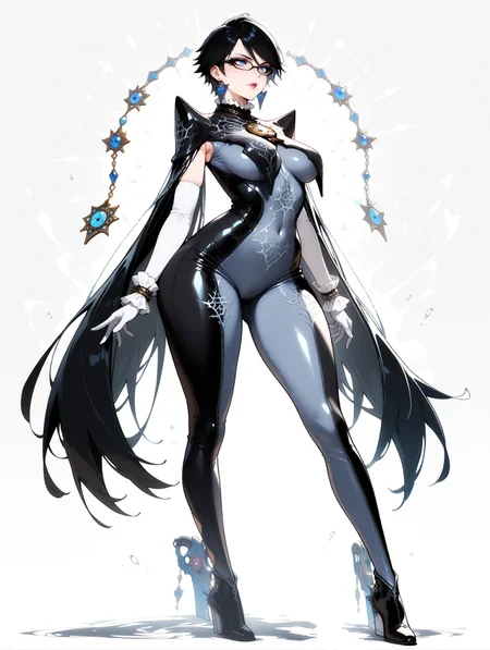 masterpiece, best quality, amazing quality, very aesthetic, detailed eyes, perfect eyes, amazing quality, solo, imtdbayo2, 1girl, full body, bodysuit, clothing cutout, black hair, jewelry, mole under mouth, glasses, earrings, short hair, makeup, lipstick, high heels, amulet, elbow gloves, blue eyes, medium breast, wide hips, fit body, black-framed eyewear, eyeshadow, skin tight
