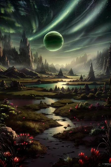 masterpiece, best quality, Rocky mountains stretch upwards in thin peaks into the greenish sky of an alien planet, at the foot of the mountains greenish snow is visible, in the foreground there is a small lake with muddy water, above the lake there is a light greenish haze. A gas giant planet is visible in the sky,  Matte painting, artstation, 4k, high resolution, (masterpiece:1.2), best quality