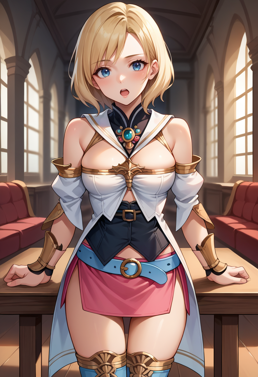 score_9, score_8_up, source_anime, 1girl, solo, Ashelia, medium hair, blonde hair, blue eyes, detached collar, brooch, white shirt, cleavage, midriff, detached sleeves, bracer, black corset, pink skirt, microskirt, pink skirt, blue belt, thigh boots, indoors, open mouth, standing, hands on table, pov across table, downblouse, <lora:CHAR-AsheliaPonyXL:1>