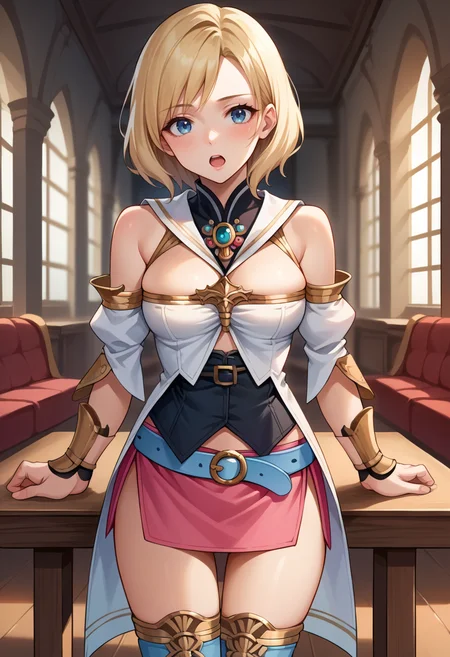 score_9, score_8_up, source_anime, 1girl, solo, Ashelia, medium hair, blonde hair, blue eyes, detached collar, brooch, white shirt, cleavage, midriff, detached sleeves, bracer, black corset, pink skirt, microskirt, pink skirt, blue belt, thigh boots, indoors, open mouth, standing, hands on table, pov across table, downblouse, <lora:CHAR-AsheliaPonyXL:1>