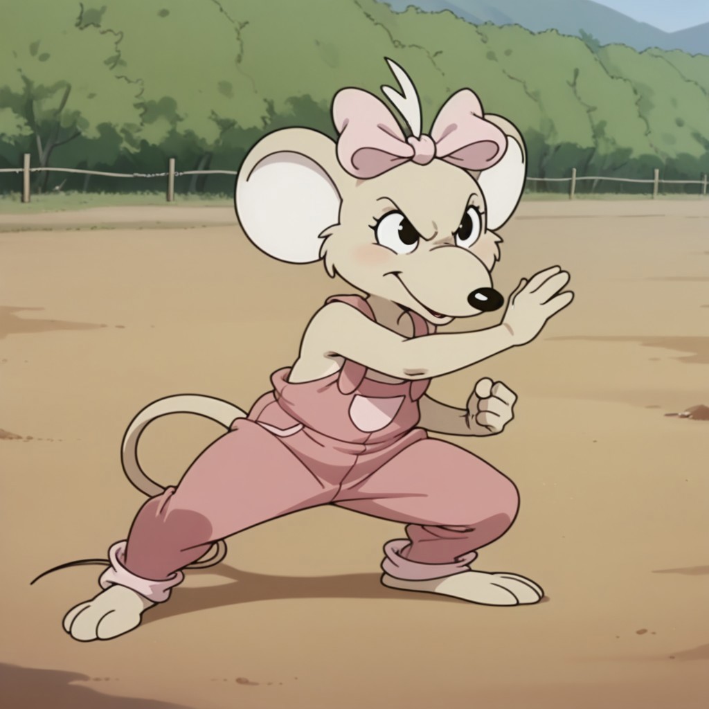 masterpiece, best quality, amazing quality, Marciabbil, semi-anthro, female, Marsupial Mouse, tan fur, black eyes, pink overalls, pink bow, hair bow, outside, fighting stance,, solo
