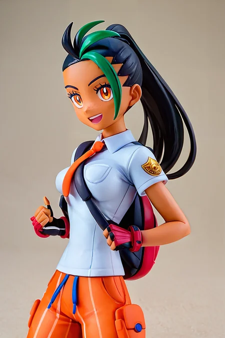 score_9, score_8_up, score_8, medium breasts, cute, eyelashes, figure, Nemona \(Pokemon\), black hair, green hair, orange eyes, dark skin, multicolored hair, two-tone hair, hair pulled back, collared shirt, fingerless gloves, orange shorts, backpack cowboy shot, smile, looking at viewer, <lora:Nemona_Pokemon_P1:0.8>, <lora:Anime_Figure_P1:0.8>,