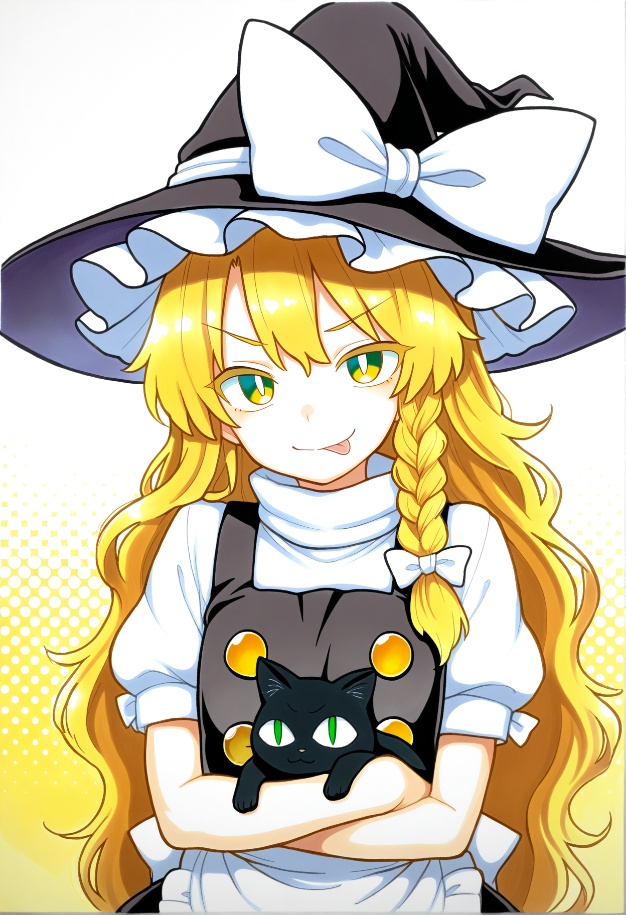 yafkyu,
1girl, tongue, blonde hair, kirisame marisa, tongue out, cat, black cat, hat, long hair, yellow eyes, witch hat, black headwear, braid, bow, black vest, short sleeves, vest, white shirt, white bow, solo, single braid, shirt, looking at viewer, :p, hat bow, puffy sleeves, apron, smile, hair bow, slit pupils, white apron, black skirt, upper body, yellow background, skirt, halftone, waist apron, v-shaped eyebrows, animal, puffy short sleeves, halftone background, green eyes, white background, closed mouth, very long hair, buttons,
, masterpiece, best quality, good quality, 
<lora:ai_styles_collection_noob_vpred-1.0-v6-edm2-pass:1>