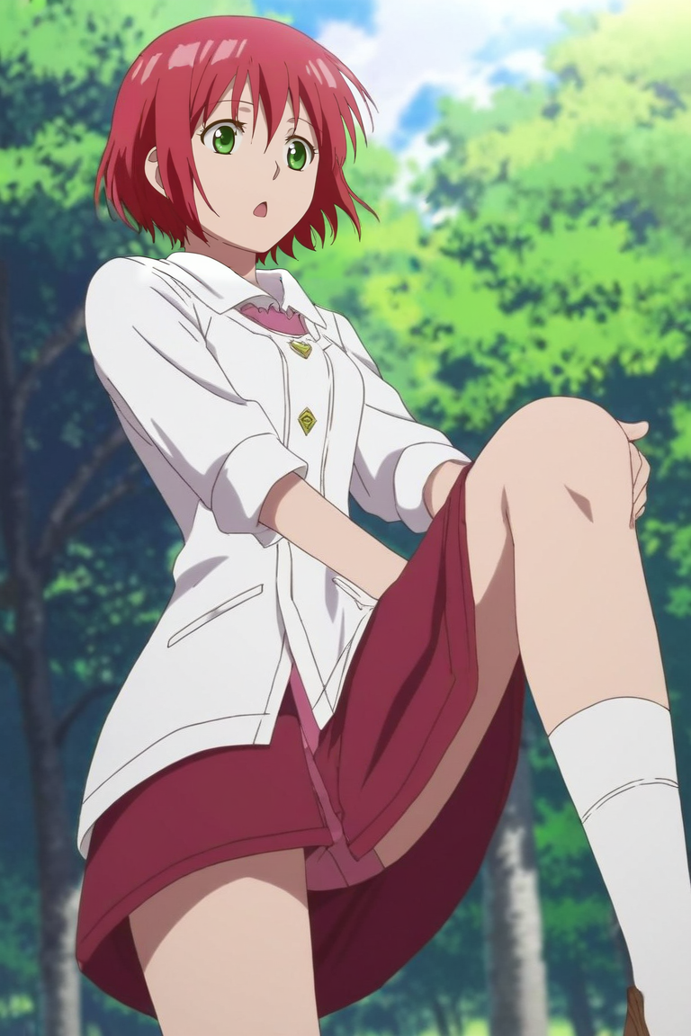 score_9, score_8_up, score_7_up, source_anime, rating_safe, intricate details, semi-realistic, , depth of field, 1girl, solo, <lora:shirayuki-hime_pony:0.96>, shirayuki-hime, red hair, green eyes, hair between eyes, short hair, from below, park, dawn, one leg up, open mouth, loungewear,, <lora:sdxl_lightning_8step_lora:1>