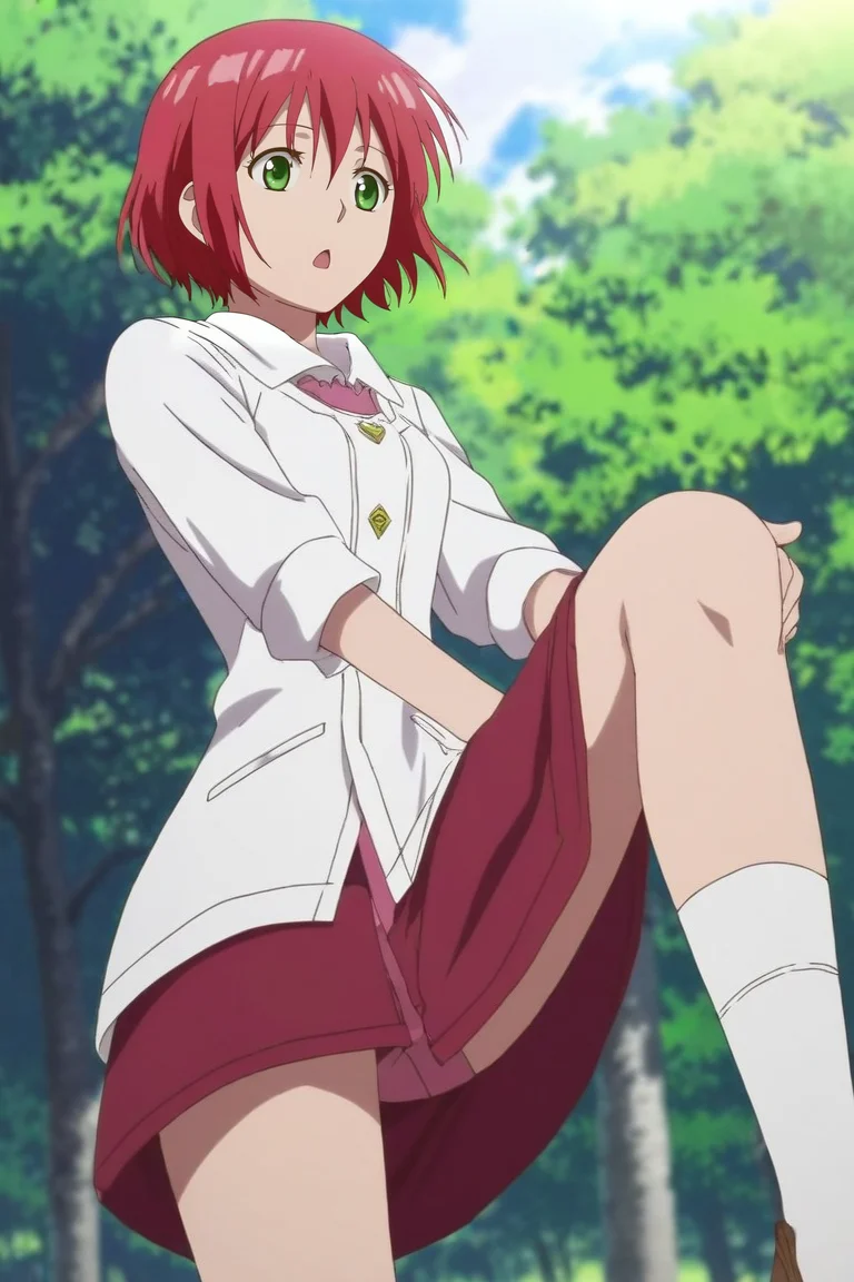 score_9, score_8_up, score_7_up, source_anime, rating_safe, intricate details, semi-realistic, , depth of field, 1girl, solo, <lora:shirayuki-hime_pony:0.96>, shirayuki-hime, red hair, green eyes, hair between eyes, short hair, from below, park, dawn, one leg up, open mouth, loungewear,, <lora:sdxl_lightning_8step_lora:1>