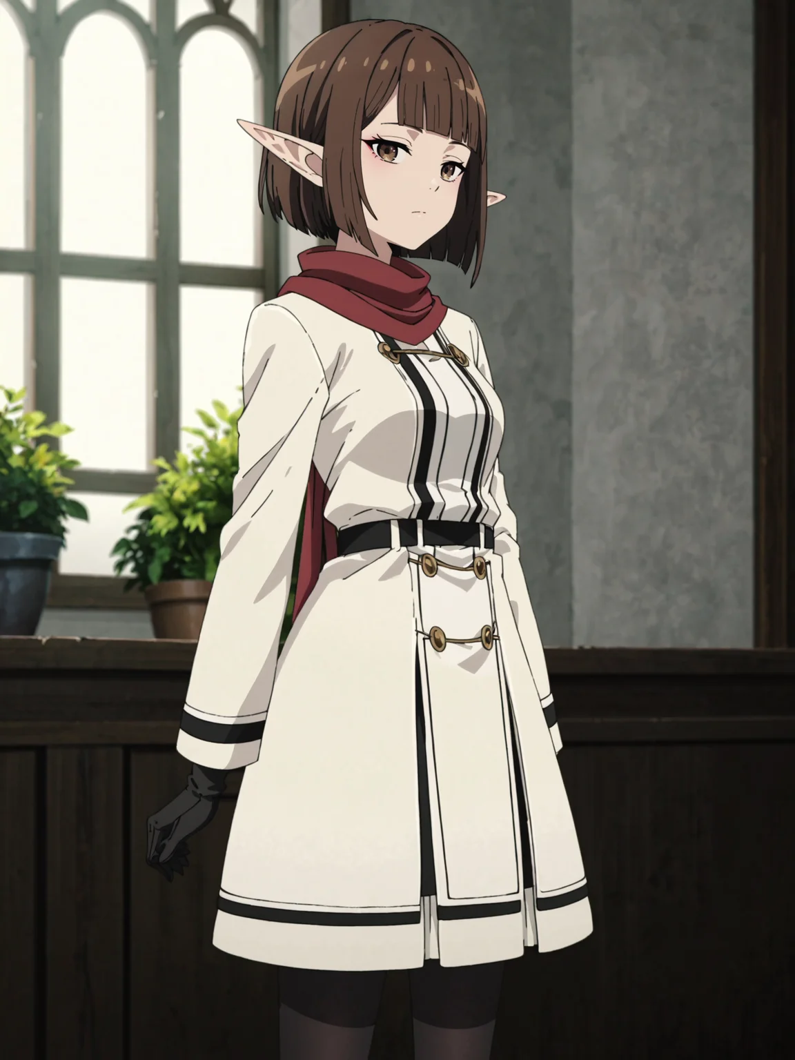 score_9, score_8_up, score_7_up, score_6_up, score_5_up, score_4_up,
BREAK
1girl, elf, pointy ears, brown hair, bob cut, blunt bangs, medium hair, half-closed eyes, long eyelashes, brown eyes, looking at viewer, squinting,
BREAK
solo, standing, from side, white dress, red scarf, white coat, white skirt, medium breasts, black loafers, black thighhighs, black gloves,
BREAK
indoors, screencap, angled shot, dynamic angle, <lora:Lunas-Mushoku-Tensei-SDXL-A4:1>