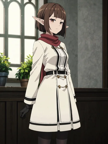 score_9, score_8_up, score_7_up, score_6_up, score_5_up, score_4_up,
BREAK
1girl, elf, pointy ears, brown hair, bob cut, blunt bangs, medium hair, half-closed eyes, long eyelashes, brown eyes, looking at viewer, squinting,
BREAK
solo, standing, from side, white dress, red scarf, white coat, white skirt, medium breasts, black loafers, black thighhighs, black gloves,
BREAK
indoors, screencap, angled shot, dynamic angle, <lora:Lunas-Mushoku-Tensei-SDXL-A4:1>