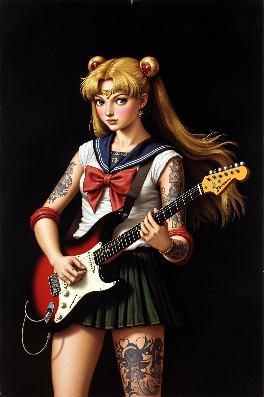 raphael1 painting.
Punk sailor moon playing a guitar at a heavy metal mosh pit, tattoos, piercing.
 <lora:raphael1_cap_d6a3:1.0><lora:843641468250781611:0>