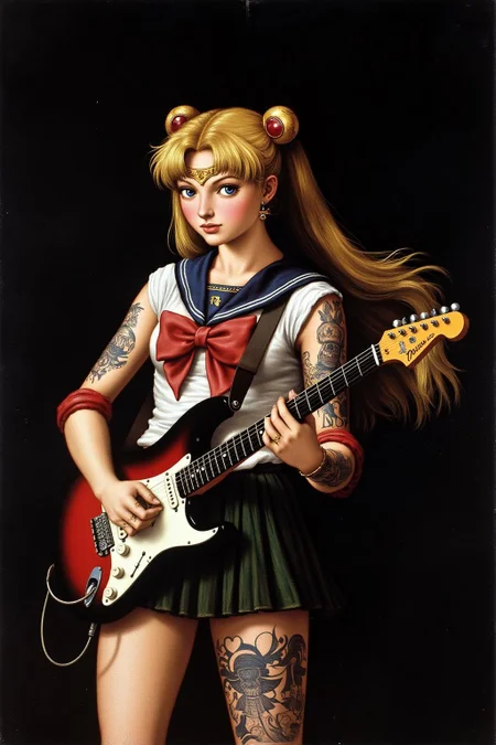 raphael1 painting.
Punk sailor moon playing a guitar at a heavy metal mosh pit, tattoos, piercing.
<lora:raphael1_cap_d6a3:1.0><lora:843641468250781611:0>