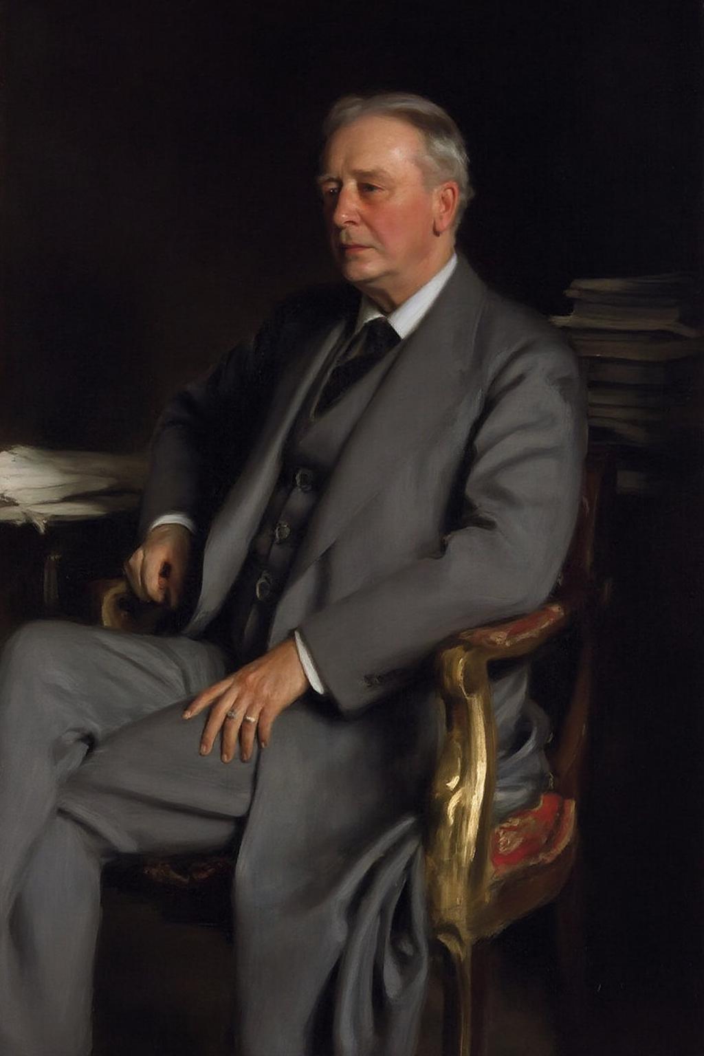 johnss1 painting.a portrait of an old man is seated in a chair. The man is dressed in a gray suit, a white collared shirt, a black tie, and gray pants. His left hand is resting on his lap. His right hand is draped over his left shoulder. The chair he is sitting on is made of wood, with a gold armrest. The backdrop is dark, and a stack of books is visible behind the man. <lora:johnss2_cap_d6a3:1.0><lora:829180652667588421:0> <lora:johnss2_cap_d6a3:1.0><lora:859971504052402927:0>