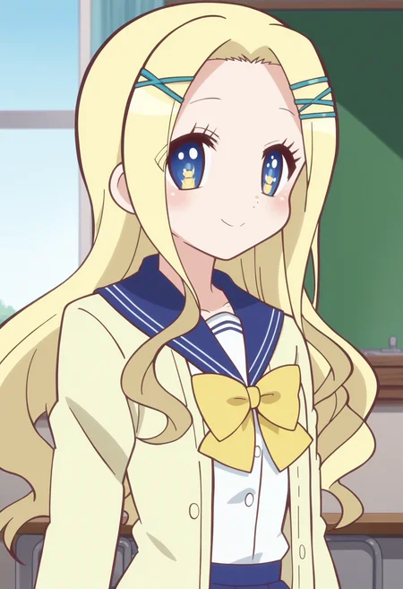 score_9, score_8_up, score_7_up, score_6_up, score_5_up, score_4_up , anime coloring ,BREAK source_anime, anime,screencap,
1girl, solo, gjbu geraldine, long hair, hair ornament, school uniform, yellow bow, white shirt, blue skirt, yellow cardigan, blue sailor collar, open cardigan <lora:PonyXL GJBU Geraldine V1:1>
indoors, classroom,
smile, looking at viewer, upper body