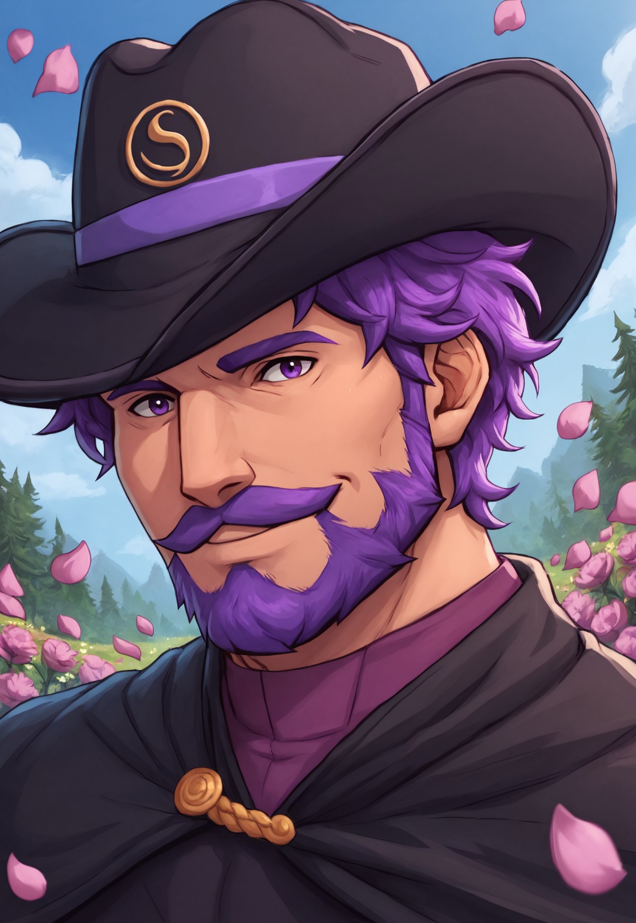 score_9, score_8_up, RasmodiusSV, purple hair, short hair, purple eyes, beard, mustache, mature male, muscular, hat, cape, violet turtleneck shirt, black vest, portrait, looking at viewer, smile, dynamic pose, detailed background, dutch angle, forest, blue sky, clouds, flowers, petals on the wind,