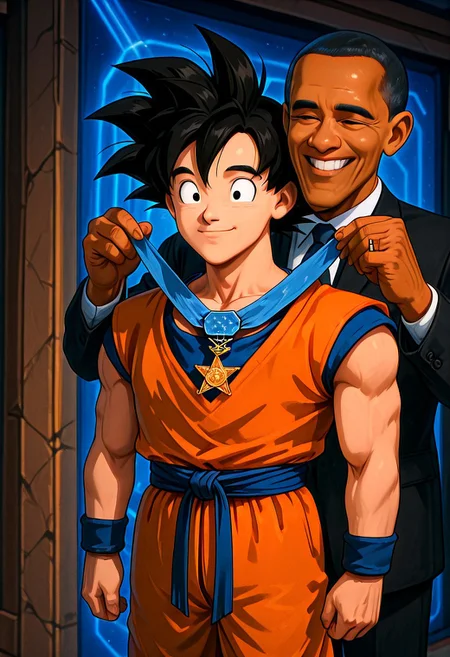 Goku, orange dougi, smiling, receiving medal of honor from half-white president, dark-skinned male,