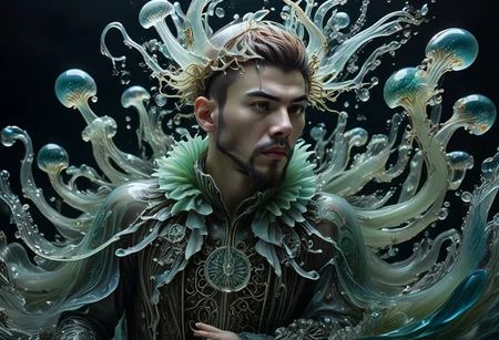 long mid shot portrait photography of an ethereal young man warrior, (glowing runes: 1.1), fairytale aesthetic. light green sheme, Photorealistic, intricate details, realism, sfw, ultrasharp, photography, floating, water, under water, jellyfish, haute couture, tentacles, bioluminescence