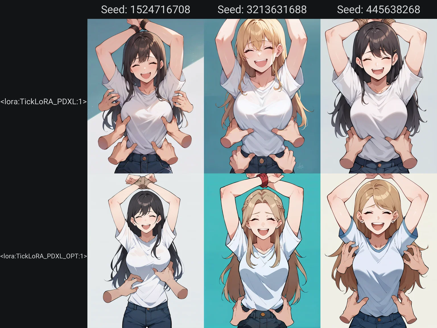 score_9, score_8_up, score_7_up, score_6_up, score_5_up, score_4_up, source_anime, rating_safe, BREAK 1girl, long hair, shirt, smile, laughing, arms up, torso grab, disembodied limb, tickling, <lora:TickLoRA_PDXL:1>