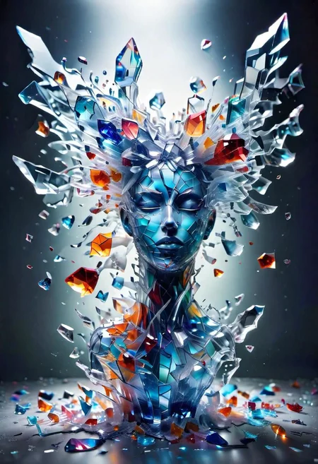 epic insane detailed long exposure photo shot, dramatic shot, Made_of_pieces_broken_glass transparent sculpture of a broken glass vase , focus on a vase, (bouquet of flowers in a vase:1.2), spilled water on the table, glass,crack,broken glass, vibrant colors,   Made_of_pieces_broken_glass, <lora:Made_of_pieces_broken_glass_v2-000005:0.7>, Vibrant colors,  abstract forms, surreal, trippy, crystalz, Made_of_pieces_broken_glass, glass, shards, broken glass, transparent glass, pieces of glass, sparkles, glitter, made of water, m1c, cl1, bc7, gl5, t3n, ml3, gl0, bbl3, p7p, s7r, ph0, br1, 3mc, detailed, particles, water, crystal, translucent, transparent