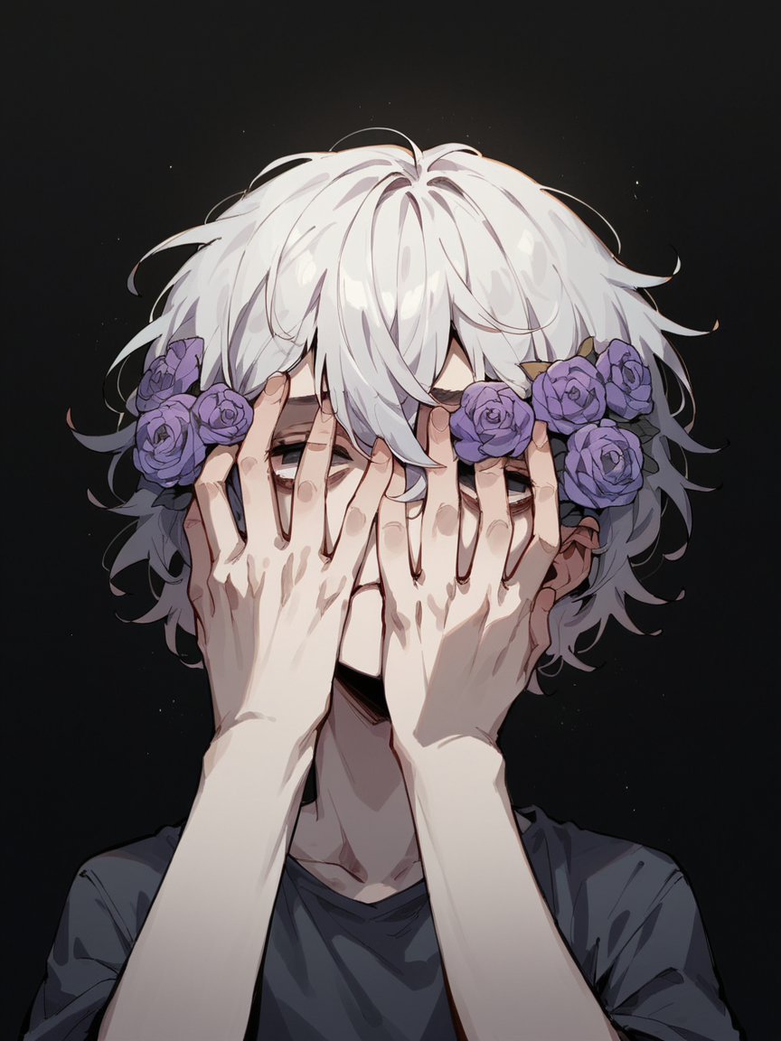 score_9, score_8_up, score_7_up, score_6_up, unw3ll <lora:UNW3LLXLP:1> dark, gloomy, simple background, flower, black background, eyes, hands on face