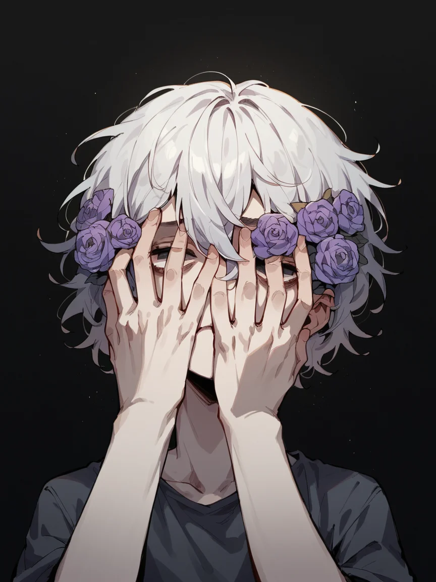 score_9, score_8_up, score_7_up, score_6_up, unw3ll <lora:UNW3LLXLP:1> dark, gloomy, simple background, flower, black background, eyes, hands on face