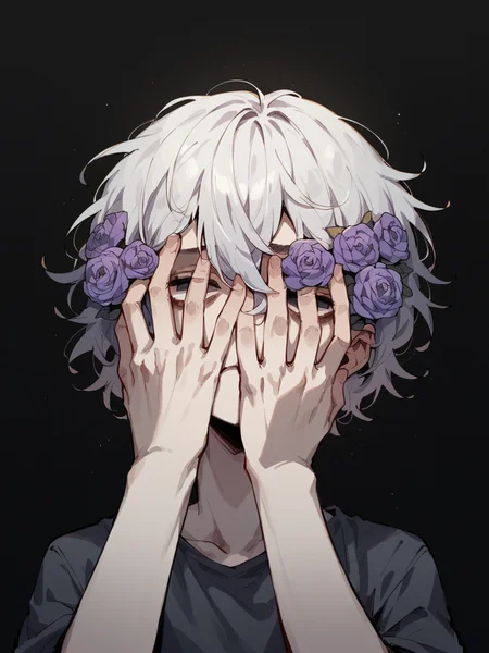 score_9, score_8_up, score_7_up, score_6_up, unw3ll <lora:UNW3LLXLP:1> dark, gloomy, simple background, flower, black background, eyes, hands on face