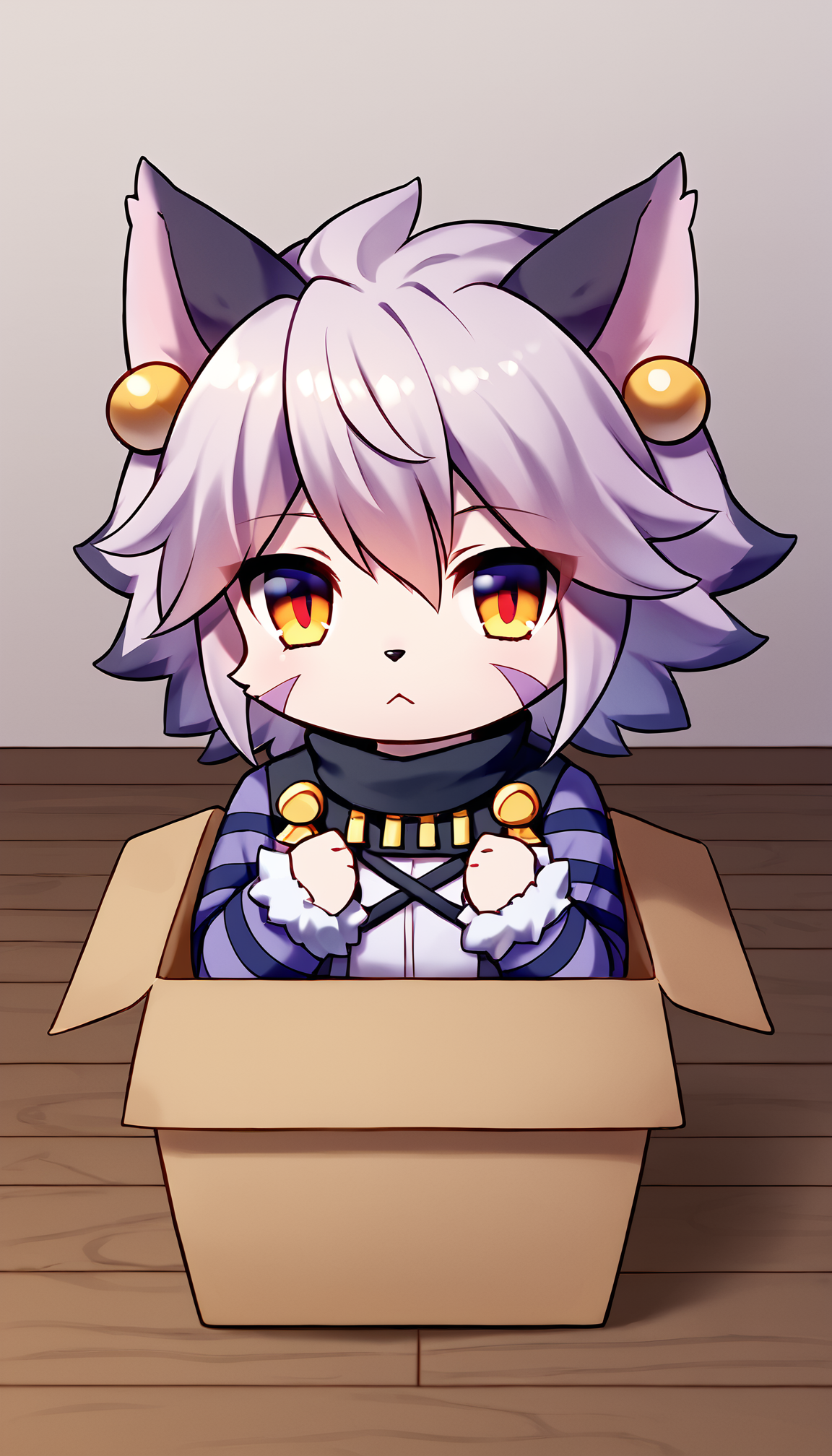 score_9, score_8_up, score_7_up, source_anime
BREAK
<lora:ElhPDXL:1> <lora:boxed_potat_v1:1> elh, 1girl, solo, furry female, cat girl, b0xe,chibi, in box, looking at viewer, :<,  expressionless, cute, red eyes, orange eyes, body fur, elhattire, fur-trimmed sleeves, fur trim, cat ears, white hair, short hair, shiny hair, earrings, facial mark, animal nose, striped sleeves, empty room, wood floor, white wall