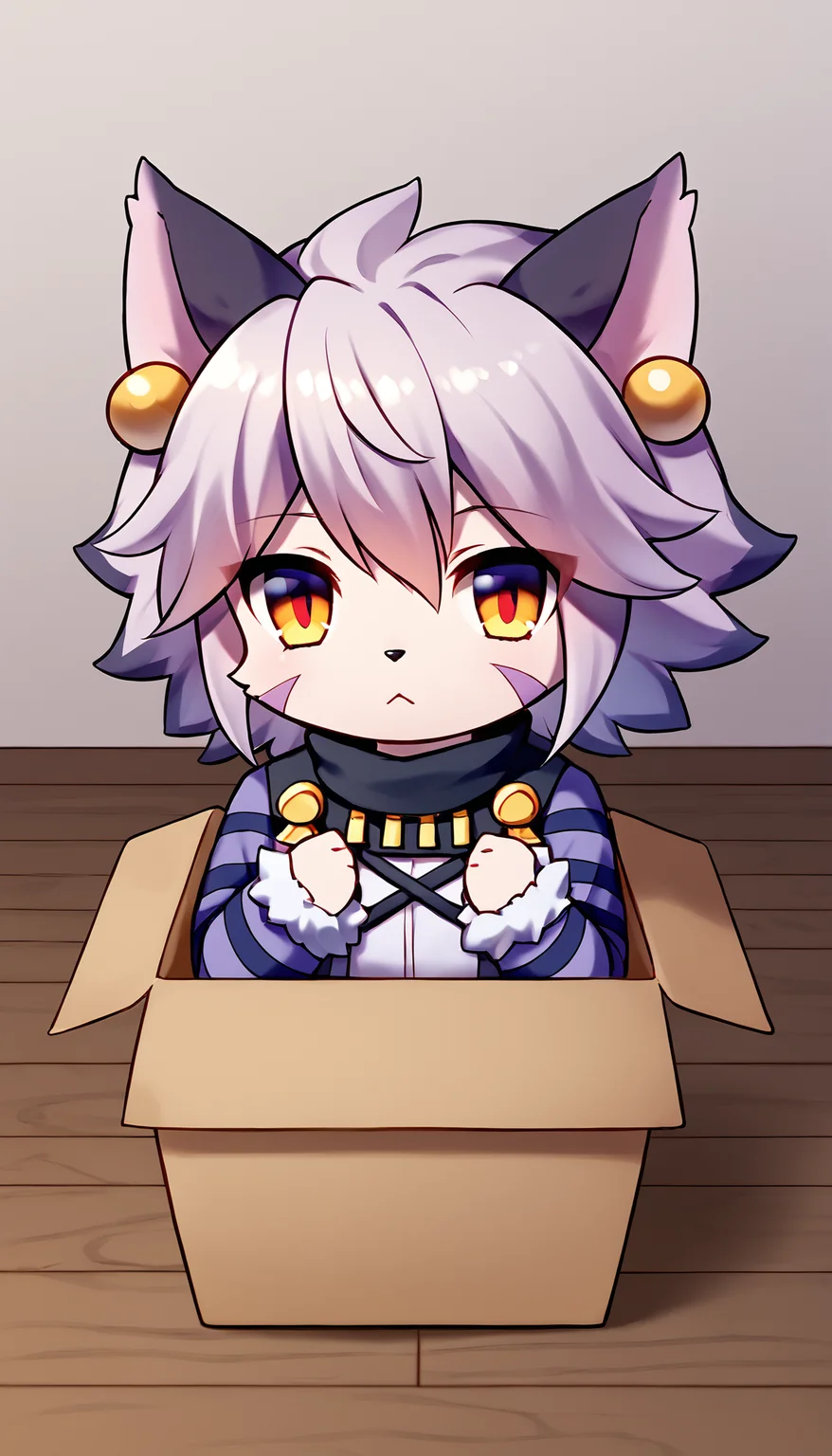 score_9, score_8_up, score_7_up, source_anime
BREAK
<lora:ElhPDXL:1> <lora:boxed_potat_v1:1> elh, 1girl, solo, furry female, cat girl, b0xe,chibi, in box, looking at viewer, :<, expressionless, cute, red eyes, orange eyes, body fur, elhattire, fur-trimmed sleeves, fur trim, cat ears, white hair, short hair, shiny hair, earrings, facial mark, animal nose, striped sleeves, empty room, wood floor, white wall