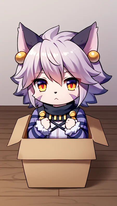 score_9, score_8_up, score_7_up, source_anime
BREAK
<lora:ElhPDXL:1> <lora:boxed_potat_v1:1> elh, 1girl, solo, furry female, cat girl, b0xe,chibi, in box, looking at viewer, :<, expressionless, cute, red eyes, orange eyes, body fur, elhattire, fur-trimmed sleeves, fur trim, cat ears, white hair, short hair, shiny hair, earrings, facial mark, animal nose, striped sleeves, empty room, wood floor, white wall
