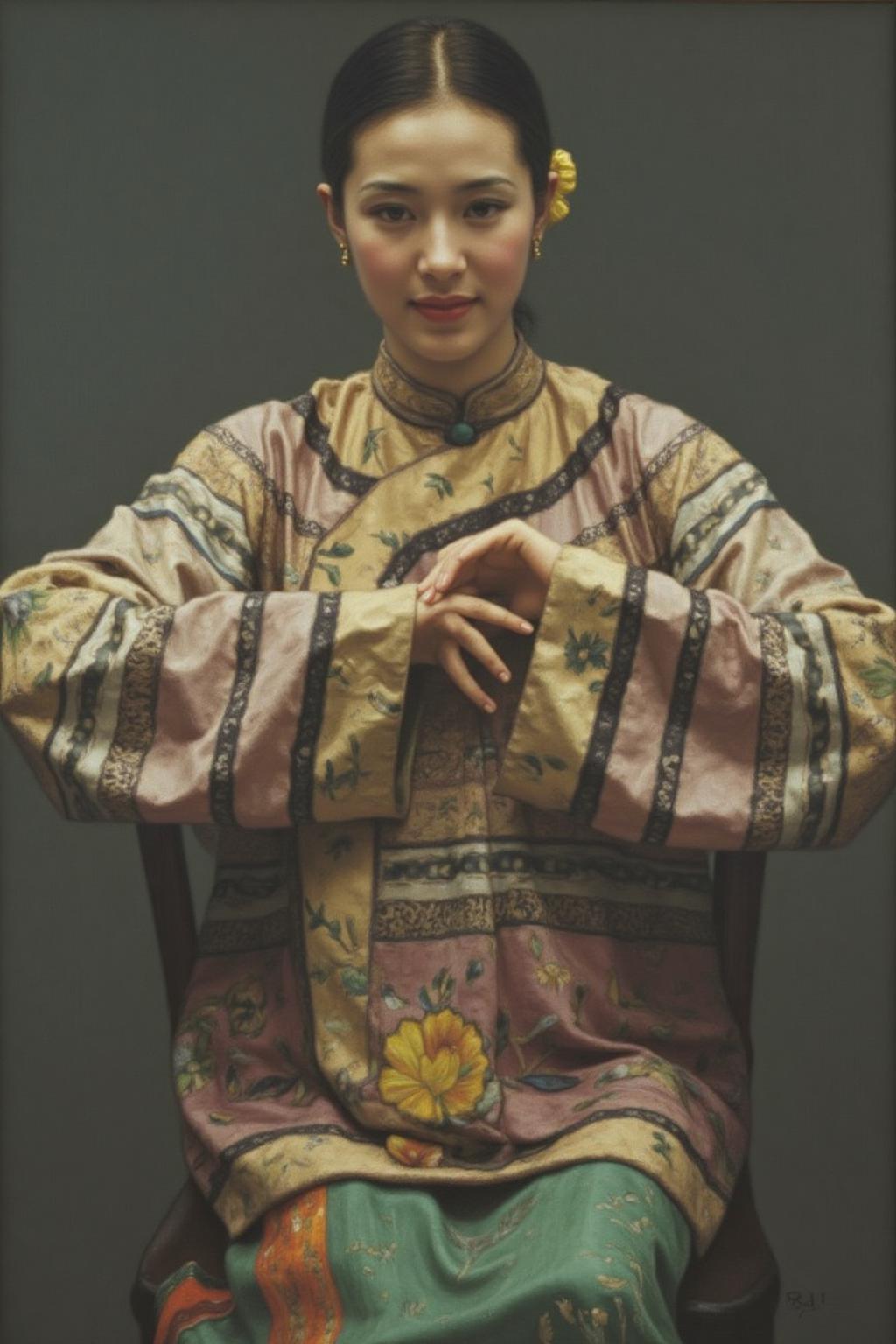 chenyifei1 painting.
A young woman in a traditional cheongsam is seated, facing the viewer with a gentle, slightly smiling expression. Her hair is styled in a neat updo adorned with a yellow hairpin.
 <lora:chenyifei1_cap_d6a3:1.0><lora:839117098161755317:0>