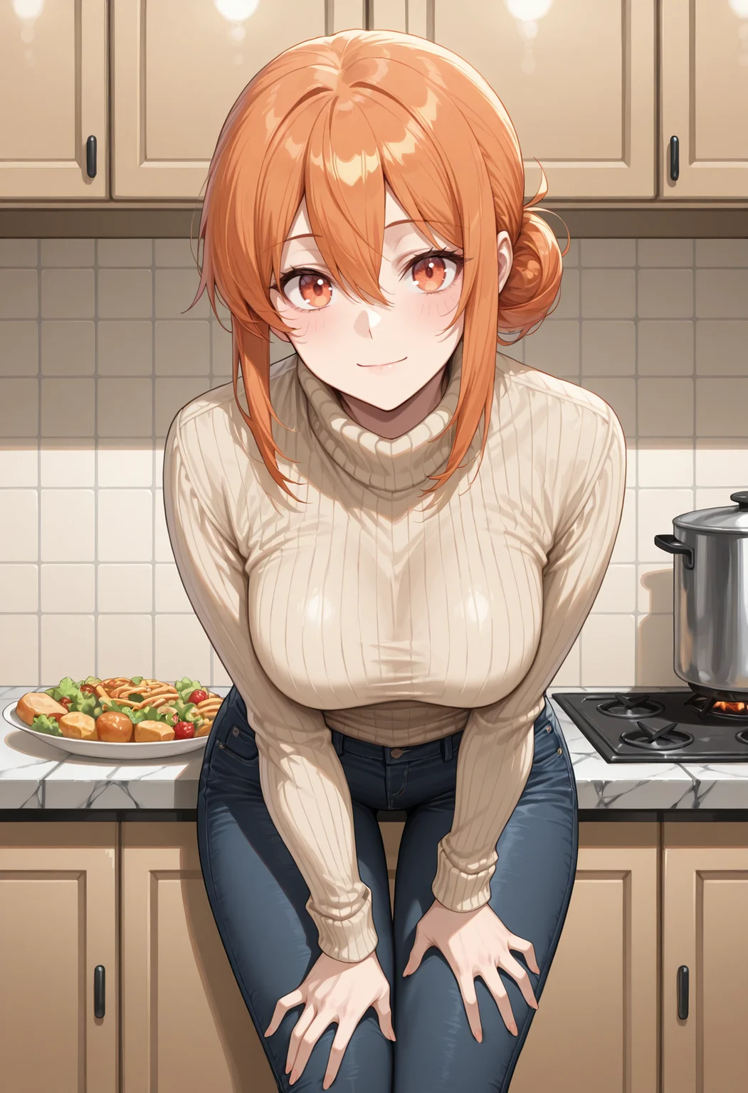masterpiece, best quality, highres, absurdres, 1girl, solo, yghmm, medium breasts, orange hair, hair between eyes, sidelocks, single hair bun, , kitchen, indoors, leaning forward, hand on own thigh, orange eyes, beige sweater, turtleneck sweater, jeans, food, looking at viewer, thigh gap, light smile, closed mouth