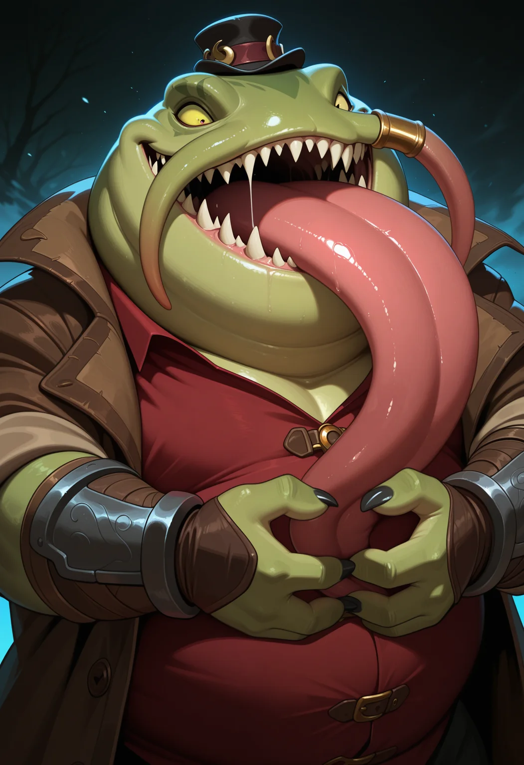 masterpiece, best quality, amazing quality, solo, 1boy, TahmLOL, red shirt, hat, bracer, coat, sharp teeth, long tongue