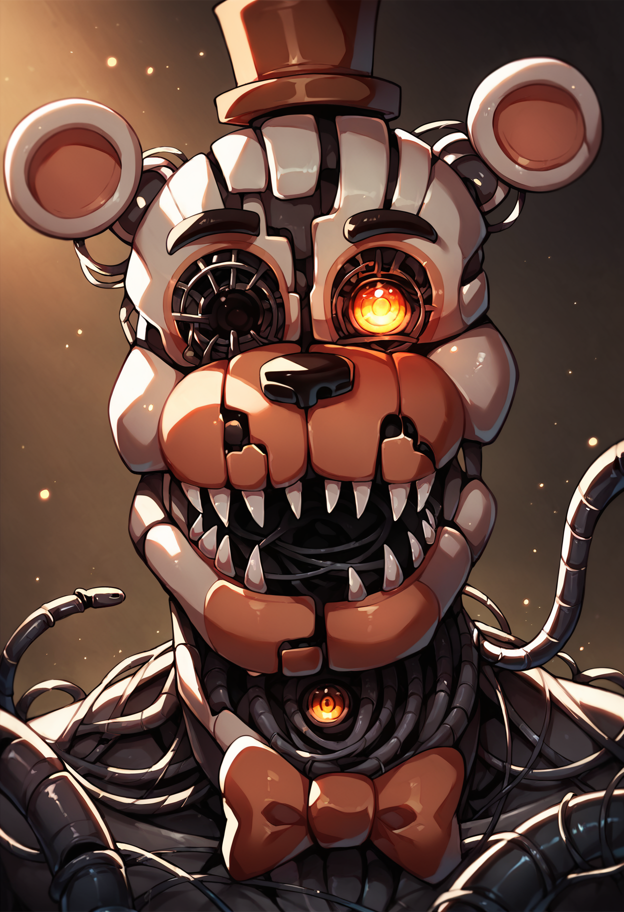 score_9, score_8_up, score_7_up, lots of details, highly detailed, (moltenfreddy), close-up, portrait, wires, neck, tentacles, animatronic, orange eye, glowing eye, looking at viewer, one eyed, bright background, light particles, detailed, detailed eyes, hires, best quality <lora:MoltenFreddy_v2:0.92>