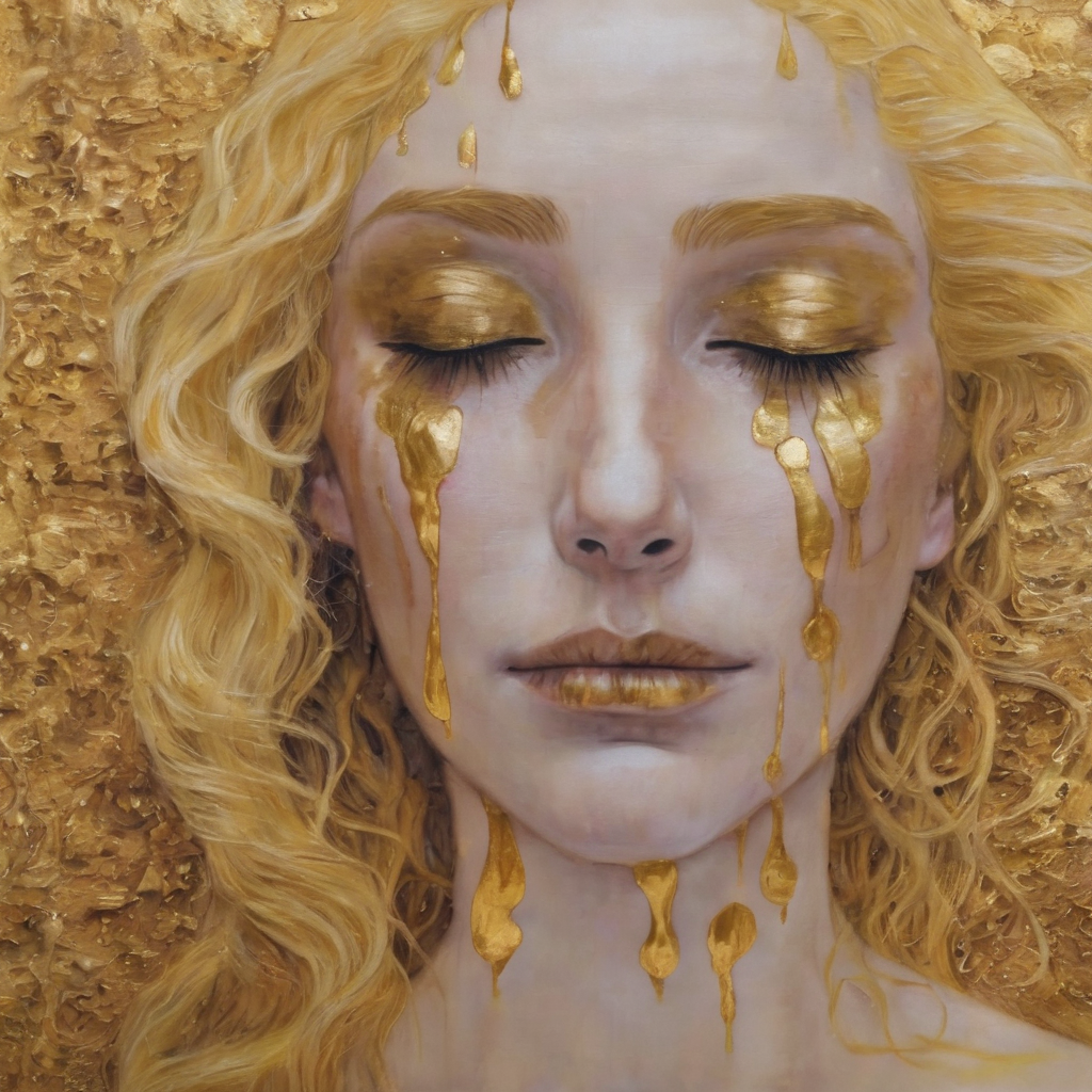 <lora:kl1m:1>kl1m tt3r close up face of woman with golden hair eyes closed golden tears, one half of her face is entirely covered in gold and is not visible