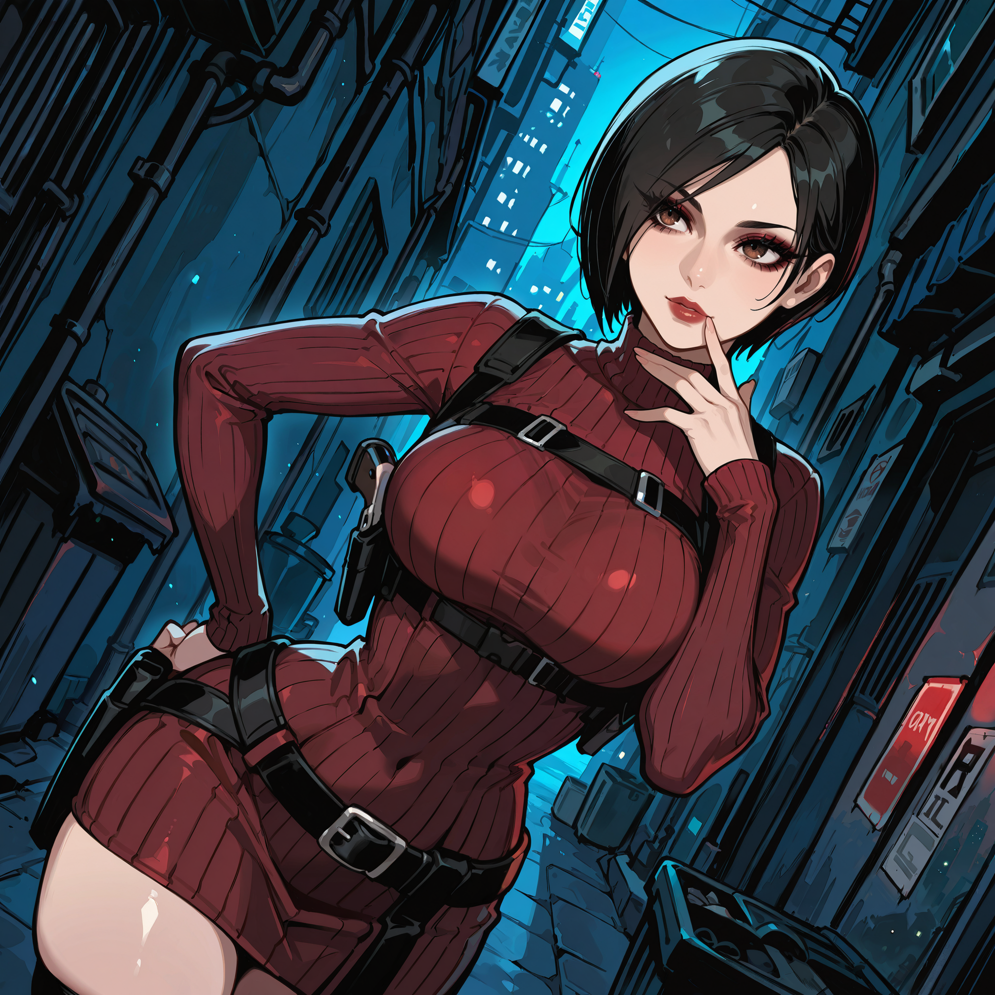 masterpiece, best quality,

eye contact:1.15, facing viewer:1.25, sexy pose, dynamic shot, dynamic angle, hand on hip, hand on lips,

BREAK

perfect character, perfect hands, perfect fingers, detailed character, detailed face, detailed eyes, detailed eyelashes, detailed lips, 

1girl, solo, mature, ada wong from resident evil, light skin color, japanese girl, black hair color, medium length hair, brown eye color, dark red colored eyeshadow, black eyeliner

fit body, almond shaped eyes, long eyelashes, round medium breasts, small narrow waist, wide hips, skindentation,

BREAK

red colored turtleneck sweater dress, ribbed pattern dress:1.25, black colored shoulder holster, loose black colored belt,

BREAK

detailed background, detailed scenery, outdoors, modern city, alleyway, in a dark alleyway, garbage:0.6, dumpster:0.6, nighttime, dark,