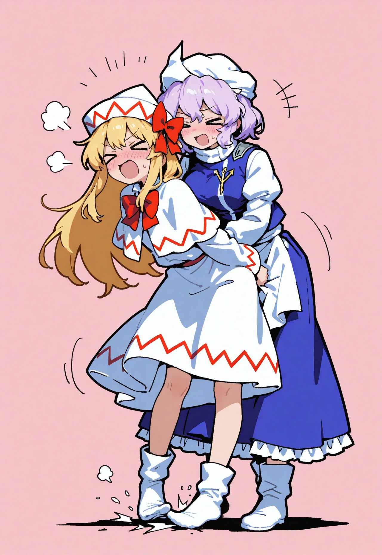 score_9, score_8_up, score_7_up, source_anime,
high res image, masterpiece, best quality, absurdres, scenic,
very awa, nyalia, simple background, white/pink background, 2girls,
break,
1st girl, letty whiterock, unsteady on feet, leaning body,
closed eyes, wavy mouth, being pushed away by 2nd girl,
break,
2nd girl, lily white, pushing 1st girl's back, pushing girl away, ><, happy, leaning forward, blush,
