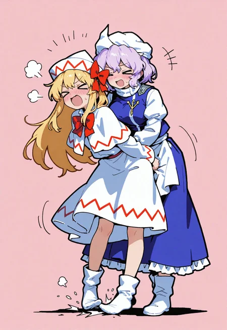 score_9, score_8_up, score_7_up, source_anime,
high res image, masterpiece, best quality, absurdres, scenic,
very awa, nyalia, simple background, white/pink background, 2girls,
break,
1st girl, letty whiterock, unsteady on feet, leaning body,
closed eyes, wavy mouth, being pushed away by 2nd girl,
break,
2nd girl, lily white, pushing 1st girl's back, pushing girl away, ><, happy, leaning forward, blush,