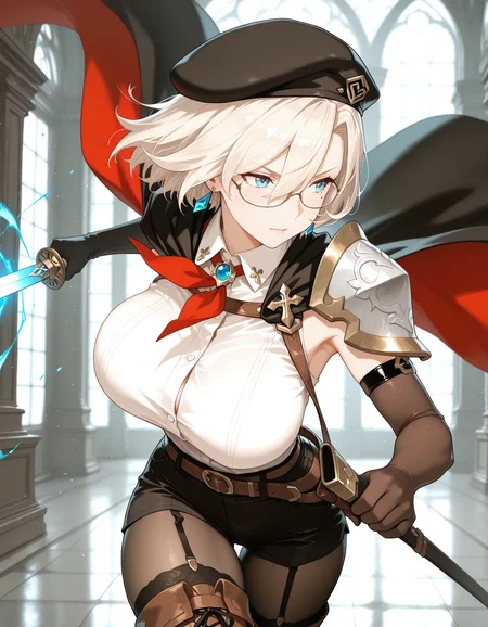 masterpiece,best quality,amazing quality,very aesthetic,high resolution,ultra detailed,perfect details,<lora:mai_ki_style:2>,mai_ki_style,
mature female,short hair,platinum blonde hair,mole under eye,blue eyes,beautiful detailed eyes,larg breasts,oval face,glasses,
bare_shoulders,detached_sleeves,belt,black pantyhose,black garter belt,high heels,(black beret),earrings,cross necklace,pendant,neckerchief,elbow gloves,armband,black armlet,fighting_stance,shorts,cape,red color inner cape,(upper body,shoulder armor,left arm),(lower body,shorts),brown footwear,thigh boots,longeyelashes,collared shirt,