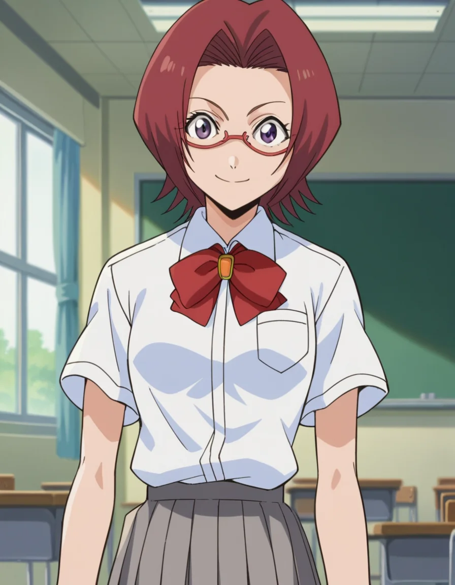 score_9, score_8_up, score_7_up, source_anime,
chizuruhonsho, <lora:chizuru-honsho-s1-ponyxl-lora-nochekaiser:1>,
chizuru honsho, short hair, red hair, purple eyes, glasses,
skirt, shirt, bow, school uniform, white shirt, short sleeves, pleated skirt, bowtie, red bow, red bowtie, grey skirt,
indoors, classroom, smile,
looking at viewer, dutch angle, cowboy shot,