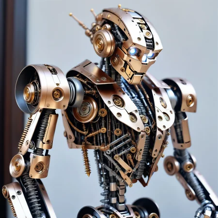a robot made out of Jed-Screws, photorealistic, full of details, detailed screws, steel <lora:SteelScrewsStyle-000006:0.7>